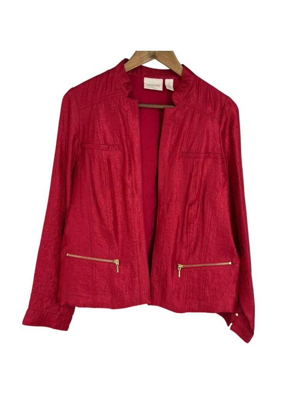 Chicos Red Open Front Long Sleeve Gold Zipper Pockets Blazer Size 2 US L